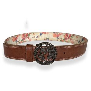 Vintage LUCKY BRAND Brown Leather Belt! Butterfly Floral Buckle! Size 28